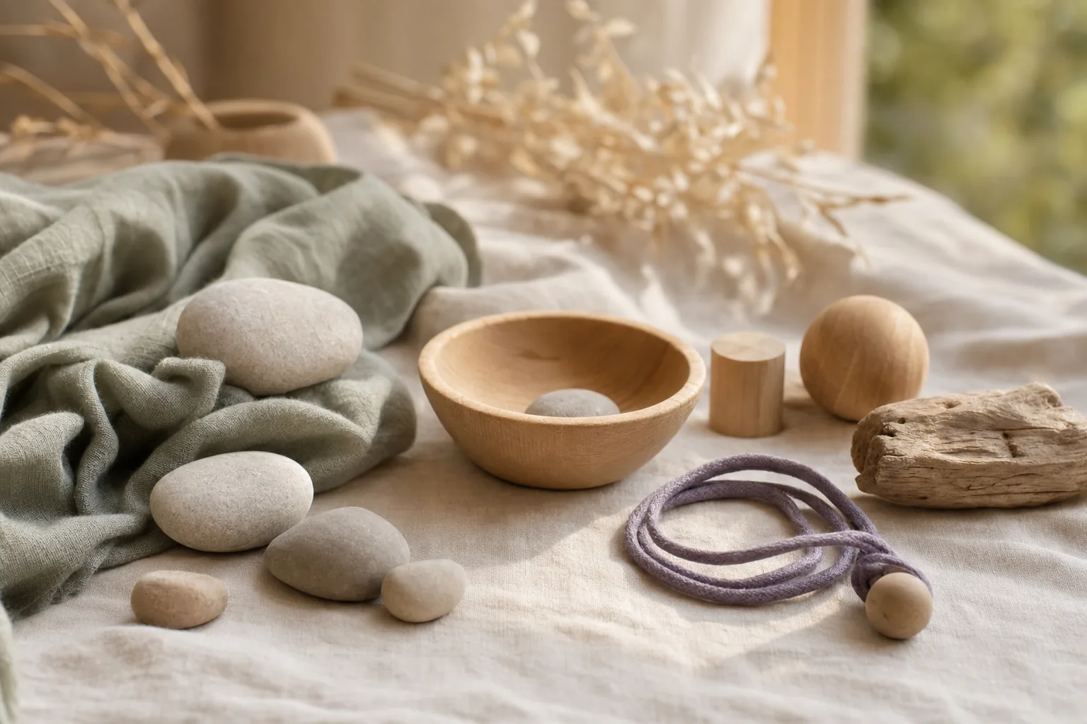KBT-Materialien in der Praxis Ramos Diaz Klagenfurt – Steine, Holzschale und Naturmaterialien für Konzentrative Bewegungstherapie