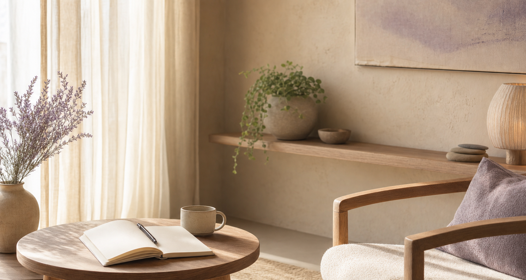 Ruhige Praxisatmosphäre mit Licht, Naturmaterialien und Gesprächssetting